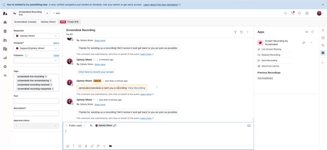 Returned Screendesk recording link in the Zendesk test ticket internal note.