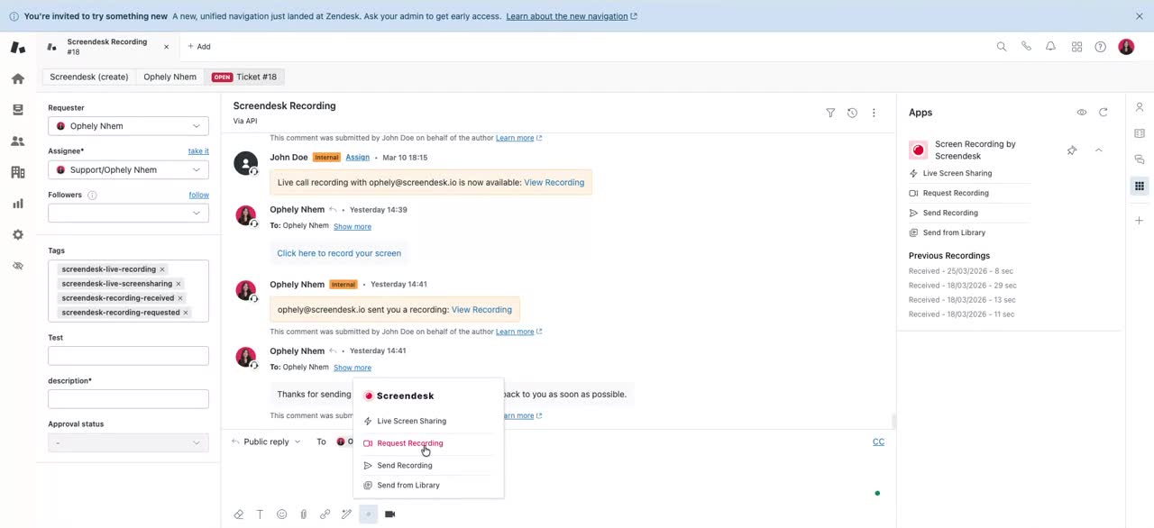Screendesk Request Recording option in a Zendesk test ticket.